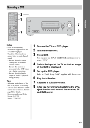 Page 3737GB
 
Playback
Watching a DVD
123
46
78
0/10ENTER9
SYSTEM STANDBY
TV INPUT
SLEEPDMPORTTV ?/1 
AV ?/1
VIDEO 1 VIDEO 2 VIDEO 3 DVD
2CH A.F.D.
RETURN/EXIT
TV CH –
PRESET –TV CH +
PRESET +
TUNING –
TVTUNING +REPLAY ADVANCEMENU MOVIE MUSIC
MEMORY DVD MENU
FM MODE CLEAR
TOOLS DISPLAYMUTING
TV VOL
MASTER VOLAUTO CAL
D.TUNING
D.SKIP AMP MENU SAT TV SA-CD/CD TUNER
?/1
-
V
Bb
v
.H mM
Xx10/
?/1
AUTO CAL MICAUTO CAL
PHONESVIDEO 3 IN/PORTABLE AV IN
VIDEO L  AUDIO   RMEMORY/
ENTERTUNING 
MODETUNING 2CH A.F.D. MOVIE...