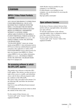 Page 71Licenses71
Appendices
ANY USE OF THIS PRODUCT OTHER THAN 
CONSUMER PERSONAL USE IN ANY 
MANNER THAT COMPLIES WITH THE 
MPEG-2 STANDARD FOR ENCODING 
VIDEO INFORMATION FOR PACKAGED 
MEDIA IS EXPRESSLY PROHIBITED 
WITHOUT A LICENSE UNDER 
APPLICABLE PATENTS IN THE MPEG-2 
PATENT PORTFOLIO, WHICH LICENSE IS 
AVAILABLE FROM MPEG LA, L.L.C., 250 
STEELE STREET, SUITE 300, DENVER, 
COLORADO 80206.
“PACKAGED MEDIA” means any storage 
media storing MPEG-2 video information such as 
DVD movie which are...