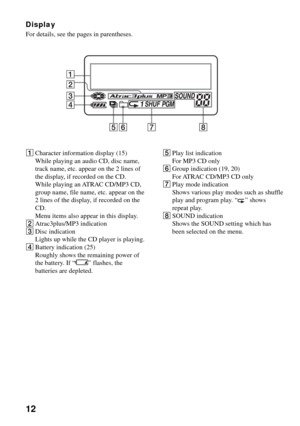 Page 1212
Display
For details, see the pages in parentheses.
1Character information display (15)
While playing an audio CD, disc name,
track name, etc. appear on the 2 lines of
the display, if recorded on the CD.
While playing an ATRAC CD/MP3 CD,
group name, file name, etc. appear on the
2 lines of the display, if recorded on the
CD.
Menu items also appear in this display.
2Atrac3plus/MP3 indication
3Disc indication
Lights up while the CD player is playing.
4Battery indication (25)
Roughly shows the remaining...