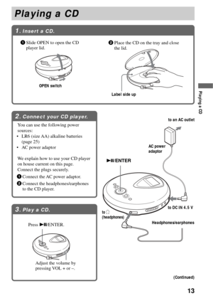 Page 1313
Playing a CD
2.Connect your CD player.
You can use the following power
sources:
•LR6 (size AA) alkaline batteries
(page 25)
•AC power adaptor
We explain how to use your CD player
on house current on this page.
Connect the plugs securely.
1Connect the AC power adaptor.
2Connect the headphones/earphones
to the CD player.
1.Insert a CD.
2Place the CD on the tray and close
the lid.
OPEN switch
Label side up
1Slide OPEN to open the CD
player lid.
Playing a CD
to an AC outlet
to DC IN 4.5 V AC power...