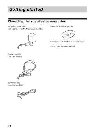 Page 1010
Getting started
Checking the supplied accessories
AC power adaptor (1)
(not supplied with USA/Canadian models)
Headphones (1)
(for USA model)
Earphones  (1)
(for other models)
CD-ROM* (SonicStage) (1)
*Do not play a CD-ROM on an audio CD player.
User’s guide for SonicStage (1) 