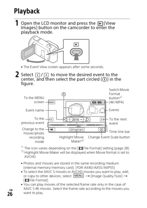 Page 26GB
26
Playback
1Open the LCD monitor and press the  (View 
Images) button on the camcorder to enter the 
playback mode.
• The Event View screen appears after some seconds.
2Select  /  to move the desired event to the 
center, and then select the part circled () in the 
figure.
*1The icon varies depending on the [ File Format] setting (page 28).*2Highlight Movie Maker will be displayed when Movie format is set to 
AVCHD.
• Photos and movies are stored in the same recording medium  (internal memory/memory...