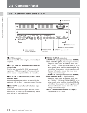 Page 19Chapter 2Location and Function of Parts
2-8Chapter 2 Location and Function of Parts
2-2-1 Connector Panel of the J-10/30
2-2 Connector Panel
2RS232C connector
5 VIDEO OUTPUT
connectors
6
AUDIO MONITOR
OUTPUT connectors 1
AC IN connector
3 REMOTE IN (9P) connector
4 EXT SYNC input connector
1 AC IN connector
Connects to an AC outlet using the power cord (not
supplied).
2  RS232C (RS-232C serial interface) connector
(D-sub 9-pin)
Used to send or receive RS-232C remote control
signals and VTR status signals...