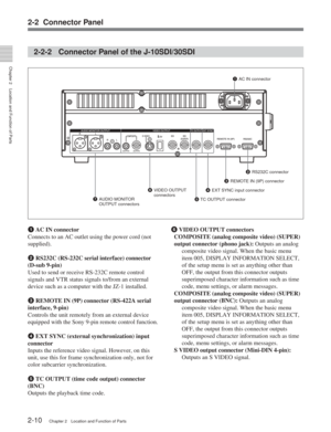 Page 21Chapter 2Location and Function of Parts
2-10Chapter 2 Location and Function of Parts
2-2-2 Connector Panel of the J-10SDI/30SDI
2RS232C connector
6 VIDEO OUTPUT
connectors
7 AUDIO MONITOR
OUTPUT connectors 1
AC IN connector
3 REMOTE IN (9P) connector
4 EXT SYNC input connector
5  TC OUTPUT connector
1  AC IN connector
Connects to an AC outlet using the power cord (not
supplied).
2  RS232C (RS-232C serial interface) connector
(D-sub 9-pin)
Used to send or receive RS-232C remote control
signals and VTR...