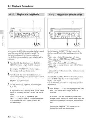 Page 264-1 Playback Procedures
Chapter 4Playback
4-2Chapter 4 Playback
4-1-2  Playback in Jog Mode
In jog mode, the JOG dial controls the playback speed
based the speed at which the dial is turned. The
playback speed range is ±1 times normal speed.
Use the following procedure to carry out playback in
jog mode.
1Turn the JOG dial directly or press the JOG/
SHUTTLE button to light the JOG indicator.
Pressing the JOG/SHUTTLE button toggles
between jog mode and shuttle mode.
2Turn the JOG dial in the desired...