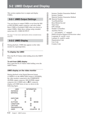 Page 34Chapter 5UMID Functions
5-2Chapter 5 UMID Functions
5-2 UMID Output and Display
This section explains how to output and display
UMIDs.
5-2-1 UMID Output Settings
You can choose to output UMIDs or not from the SDI
or SDI (SUPER) output connector, and select either
Basic UMID or Extended UMID when you choose to
output UMIDs. Make these settings using extended
menu item 651, UMID OUTPUT.
See page 7-11 for more information about extended menu
item 651.
5-2-2 UMID Display
During playback, UMID data appears on...