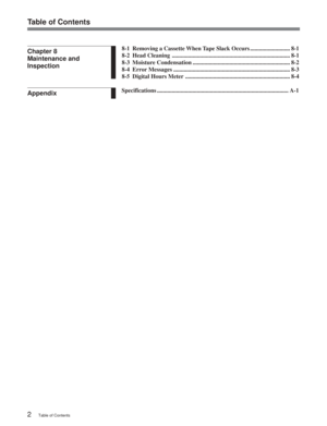 Page 6Table of Contents
2Table of Contents
Chapter 8
Maintenance and
Inspection8-1 Removing a Cassette When Tape Slack Occurs ........................... 8-1
8-2 Head Cleaning ........................................................................\
........ 8-1
8-3 Moisture Condensation .................................................................. 8-2
8-4 Error Messages ........................................................................\
....... 8-3
8-5 Digital Hours Meter...