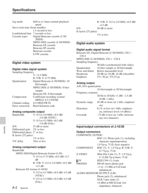 Page 54Specifications
Appendix
A-2Appendix
Jog mode Still to ±1 times normal playbackspeed
Servo lock time (from standby)
1.5 second or less
Load/unload time 7 seconds or less
Cassette types Digital Betacam cassette (J-30/ 30SDI)
MPEG IMX cassette (J-30/30SDI)
Betacam SX cassette
Betacam SP cassette
Betacam cassette
UVW cassette
Digital video system
Digital video signal system
Sampling frequency Y: 13.5 MHz
R–Y/B–Y: 6.75 MHz
Quantization Digital Betacam (J-30/30SDI): 10
bits/sample
MPEG IMX (J-30/30SDI): 8...