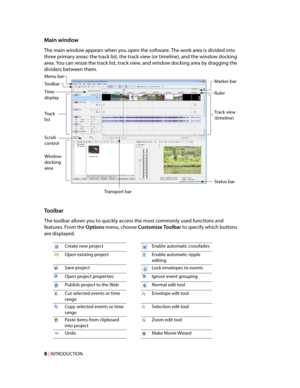 Page 14
VegasQSG.book  Page 8  Monday, June 16, 2008  10:11 AM
Main window 
The main window appears when you open the software. The work area is divided into 
three primary areas: the track list, the track view (or timeline), and the window docking 
area. You can resize the track list, track view, and window docking area by dragging the 
dividers between them. 
Menu bar 
Transport bar 
Marker bar Toolbar 
Time Ruler display 
Track view Track (timeline)list 
Scrub 
control 
Window 
docking 
area 
Status bar...