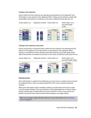 Page 43
VegasQSG.book  Page 37  Monday, June16, 2008  10:11 AM
Cutting a time selection 
Events within the time selection are reproduced and placed on the clipboard. Time 
information is also placed on the clipboard. When cutting a time selection, ripple edit 
mode affects the position of material on all tracks or affected tracks after the cut. 
Events before cut Clipboard contents Events after cut	Events after cut in 
post-edit ripple 
mode 
Cutting a time selection and events 
Events and portions of selected...