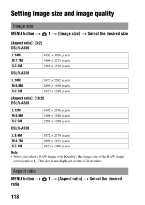 Page 118118
Changing your setup
Setting image size and image quality
MENU button t  1 t [Image size] t Select the desired size
[Aspect ratio]: [3:2]
DSLR-A380
DSLR-A330
[Aspect ratio]: [16:9]
DSLR-A380
DSLR-A330
Note When you select a RAW image with [Quality], the image size of the RAW image 
corresponds to L. This size is not displayed on the LCD monitor.
MENU button t  1 t [Aspect ratio] t Select the desired 
ratio
Image size
L:14M4592 × 3056 pixels
M:7.7M3408 × 2272 pixels
S:3.5M2288 × 1520 pixels
L:10M3872 ×...