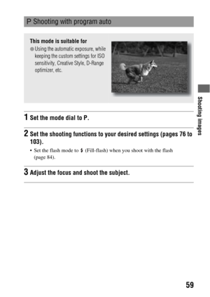 Page 59Shooting images
59
 Shooting with program auto
This mode is suitable for
zUsing the automatic exposure, while 
keeping the custom settings for ISO 
sensitivity, Creative Style, D-Range 
optimizer, etc.
1Set the mode dial to P.
2Set the shooting functions to your desired settings (pages 76 to 
103).
 Set the flash mode to   (Fill-flash) when you shoot with the flash 
(page 84).
3Adjust the focus and shoot the subject. 