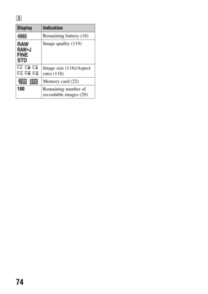 Page 7474
C
DisplayIndication
Remaining battery (18)
 
 
 Image quality (119)
   
  Image size (118)/Aspect 
ratio (118)
 Memory card (22)
100Remaining number of 
recordable images (29) 