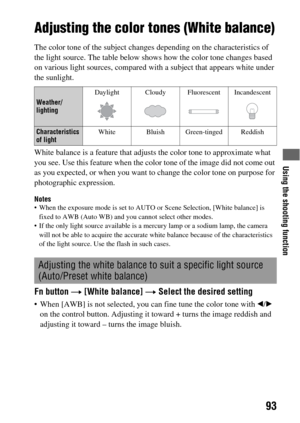 Page 93Using the shooting function
93
Adjusting the color tones (White balance)
The color tone of the subject changes depending on the characteristics of 
the light source. The table below shows how the color tone changes based 
on various light sources, compared with a subject that appears white under 
the sunlight.
White balance is a feature that adjusts the color tone to approximate what 
you see. Use this feature when the color tone of the image did not come out 
as you expected, or when you want to change...