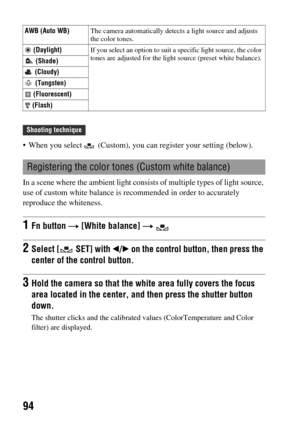 Page 9494
 When you select   (Custom), you can register your setting (below).
In a scene where the ambient light consists of multiple types of light source, 
use of custom white balance is recommended in order to accurately 
reproduce the whiteness.
AWB (Auto WB)The camera automatically detects a light source and adjusts 
the color tones.
 (Daylight)If you select an option to suit a specific light source, the color 
tones are adjusted for the light source (preset white balance).
 (Shade)
 (Cloudy)
 (Tungsten)...