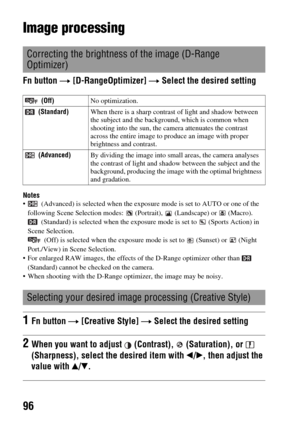 Page 9696
Image processing
Fn button t [D-RangeOptimizer] t Select the desired setting
Notes  (Advanced) is selected when the exposure mode is set to AUTO or one of the 
following Scene Selection modes:   (Portrait),   (Landscape) or   (Macro).
 (Standard) is selected when the exposure mode is set to   (Sports Action) in 
Scene Selection.
 (Off) is selected when the exposure mode is set to   (Sunset) or   (Night 
Port./View) in Scene Selection.
 For enlarged RAW images, the effects of the D-Range optimizer...