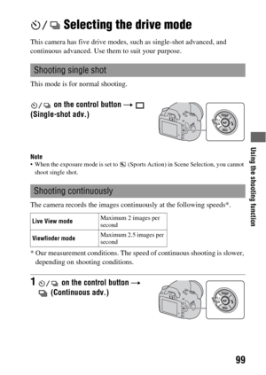 Page 99Using the shooting function
99
 Selecting the drive mode
This camera has five drive modes, such as single-shot advanced, and 
continuous advanced. Use them to suit your purpose.
This mode is for normal shooting.
Note When the exposure mode is set to   (Sports Action) in Scene Selection, you cannot 
shoot single shot.
The camera records the images continuously at the following speeds*.
* Our measurement conditions. The speed of continuous shooting is slower, 
depending on shooting conditions.
Shooting...