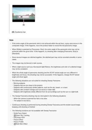 Page 112Note
If the entire angle of the panoramic shot is not achieved within the set\
 time, a gray area occurs in the
composite image. If this happens, move the product faster to record the \
full panoramic image.
When [Wide] is selected for [Panorama: Size], the entire angle of the pa\
noramic shot may not be
achieved within the given time. If this happens, try shooting after chan\
ging [Panorama: Size] to
[Standard].
Since several images are stitched together, the stitched part may not be\
 recorded smoothly...