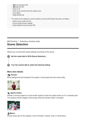 Page 113Long Exposure NR
High ISO NR
Lock-on AF
Other zoom functions than the optical zoom
Drive Mode
Bright Monitoring
The values of the settings for some functions are fixed with Sweep Panor\
ama, as follows: [ISO] is fixed to [ISO AUTO].
[Focus Area] is fixed to [Wide].
[Flash Mode] is fixed to [Flash Off].
[88] ShootingSelecting a shooting mode
Scene Selection
Allows you to shoot with preset settings according to the scene.
Menu item details
Portrait:
Blurs background and sharpens the subject. Accentuates...