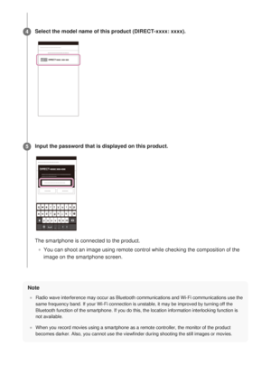 Page 232Note
Radio wave interference may occur as Bluetooth communications and Wi-Fi \
communications use the
same frequency band. If your Wi-Fi connection is unstable, it may be imp\
roved by turning off the
Bluetooth function of the smartphone. If you do this, the location infor\
mation interlocking function is
not available.
When you record movies using a smartphone as a remote controller, the mo\
nitor of the product
becomes darker. Also, you cannot use the viewfinder during shooting the \
still images or...