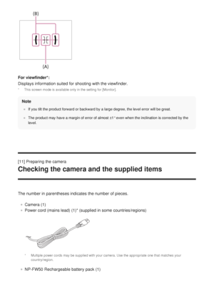 Page 41For viewfinder*:
Displays information suited for shooting with the viewfinder.Note
If you tilt the product forward or backward by a large degree, the level\
 error will be great.
The product may have a margin of error of almost ±1° even when the\
 inclination is corrected by the
level.
[11] Preparing the camera
Checking the camera and the supplied items
The number in parentheses indicates the number of pieces. Camera (1)
Power cord (mains lead) (1)* (supplied in some countries/regions)
NP-FW50...