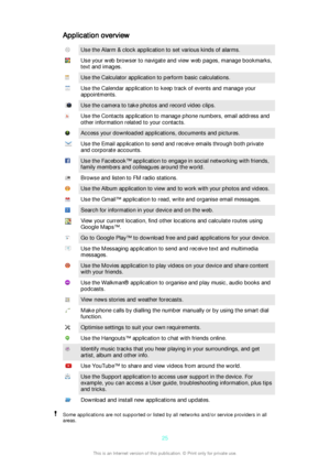 Page 25Application overviewUse the Alarm & clock application to set various kinds of alarms.Use your web browser to navigate and view web pages, manage bookmarks,
text and images.Use the Calculator application to perform basic calculations.Use the Calendar application to keep track of events and manage your
appointments.Use the camera to take photos and record video clips.Use the Contacts application to manage phone numbers, email address and
other information related to your contacts.Access your downloaded...