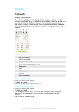 Page 46Calling
Making calls Making calls overview
You can make a call by manually dialling a phone number, by tapping a number
saved in your contacts list, or by tapping the phone number in your call log view. You
can also use the smart dial feature to quickly find numbers from your contacts list
and call logs. To make a video call, you can use the Hangouts™ instant messaging
and video chat application on your device. See 
Instant messaging and video chat on
page 61 .
1Open your contacts list2View your call log...