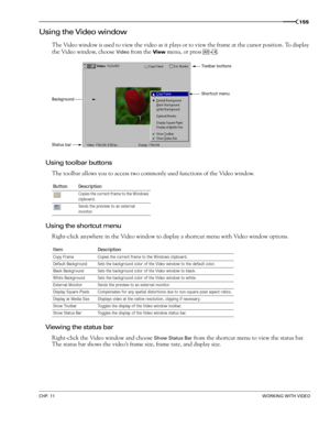 Page 157CHP. 11WORKING WITH VIDEO
155
Using the Video window
The Video window is used to view the video as it plays or to view the frame at the cursor position. To display 
the Video window, choose 
Video from the View menu, or press  .
Using toolbar buttons
The toolbar allows you to access two commonly used functions of the Video window.
Using the shortcut menu
Right-click anywhere in the Video window to display a shortcut menu with Video window options.
Viewing the status bar
Right-click the Video window and...