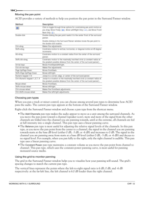 Page 166164
WORKING WITH 5.1 SURROUNDCHP. 12
Moving the pan point
ACID provides a variety of methods to help you position the pan point in the Surround Panner window.
Choosing pan types
When you pan a track or mixer control, you can choose among several pan types to determine how ACID 
pans the audio. The current pan type appears at the bottom of the Surround Panner window.
Right-click the Surround Panner window and choose a pan type from the shortcut menu.
The
 Add Channels pan type makes the audio appear to...