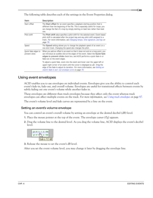 Page 71CHP. 4EDITING EVENTS
69
The following table describes each of the settings in the Event Properties dialog.
Using event envelopes
ACID enables you to use envelopes on individual events. Envelopes give you the ability to control each 
event’s fade-in, fade-out, and overall volume. Envelopes are useful for transitional effects between events by 
subtly fading out one event’s volume while another fades in.
These envelopes are different than track envelopes because they affect only the event whereas track...