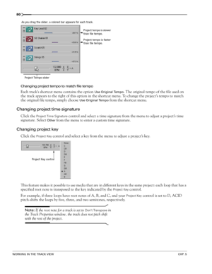 Page 8280
WORKING IN THE TRACK VIEWCHP. 5
Changing project tempo to match file tempo 
Each track’s shortcut menu contains the option Use Original Tempo. The original tempo of the file used on 
the track appears to the right of this option in the shortcut menu. To change the project’s tempo to match 
the original file tempo, simply choose 
Use Original Tempo from the shortcut menu.
Changing project time signature
Click the Project Time Signature control and select a time signature from the menu to adjust a...