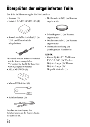 Page 142DE10
Vor Gebrauch
Überprüfen der mitgelieferten Teile
Die Zahl in Klammern gibt die Stückzahl an.
 Kamera (1)
 Netzteil AC-UB10C/UB10D (1)
 Stromkabel (Netzkabel) (1)* (in 
USA und Kanada nicht 
mitgeliefert)
* Eventuell werden mehrere Netzkabel 
mit der Kamera mitgeliefert. 
Verwenden Sie das für Ihr Land bzw. 
Gebiet geeignete Netzkabel.
 Akku NP-FW50 (1)
 Micro-USB-Kabel (1)
 Schulterriemen (1)
Angaben zur Anbringung des 
Schulterriemens an der Kamera finden 
Sie auf Seite 15.
 Gehäusedeckel (1) (an...