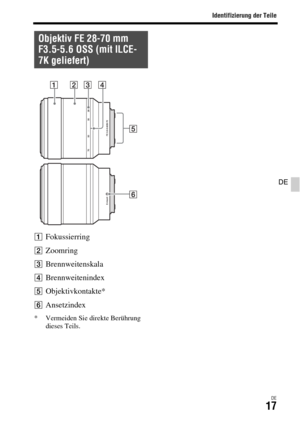 Page 149Identifizierung der Teile
DE17
DE
AFokussierring
BZoomring
CBrennweitenskala
DBrennweitenindex
EObjektivkontakte*
FAnsetzindex
* Vermeiden Sie direkte Berührung 
dieses Teils.
Objektiv FE 28-70 mm 
F3.5-5.6 OSS (mit ILCE-
7K geliefert) 
