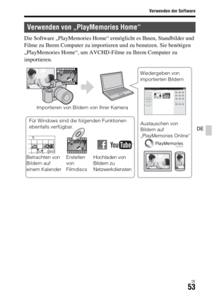 Page 185Verwenden der Software
DE53
DE
Die Software „PlayMemories Home“ ermöglicht es Ihnen, Standbilder und 
Filme zu Ihrem Computer zu importieren und zu benutzen. Sie benötigen 
„PlayMemories Home“, um AVCHD-Filme zu Ihrem Computer zu 
importieren.
Verwenden von „PlayMemories Home“
Importieren von Bildern von Ihrer Kamera
Austauschen von 
Bildern auf 
„PlayMemories Online“
Hochladen von 
Bildern zu 
Netzwerkdiensten Erstellen 
von 
Filmdiscs Betrachten von 
Bildern auf 
einem KalenderFür Windows sind die...