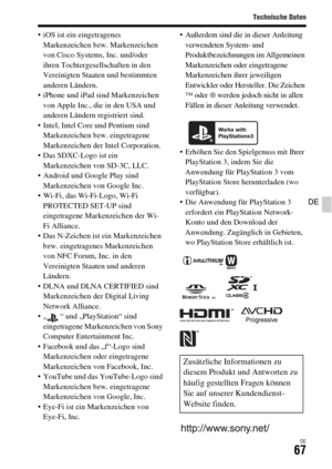 Page 199Technische Daten
DE67
DE
 iOS ist ein eingetragenes 
Markenzeichen bzw. Markenzeichen 
von Cisco Systems, Inc. und/oder 
ihren Tochtergesellschaften in den 
Vereinigten Staaten und bestimmten 
anderen Ländern.
 iPhone und iPad sind Markenzeichen 
von Apple Inc., die in den USA und 
anderen Ländern registriert sind.
 Intel, Intel Core und Pentium sind 
Markenzeichen bzw. eingetragene 
Markenzeichen der Intel Corporation.
 Das SDXC-Logo ist ein 
Markenzeichen von SD-3C, LLC.
 Android und Google Play sind...