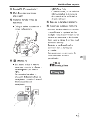 Page 213Identificación de las partes
ES15
ES
KBotón C1 (Personalizado1)
LDial de compensación de 
exposición
MGanchos para la correa de 
bandolera
 Coloque ambos extremos de la 
correa en la cámara.
N (Marca N)
 Esta marca indica el punto a 
tocar para conectar la cámara y 
un smartphone que admita 
NFC. 
Para ver detalles sobre la 
ubicación de la marca N en su 
smartphone, consulte el manual 
de instrucciones del 
smartphone. NFC (Near Field 
Communication) es un estándar 
internacional de la tecnología 
de...