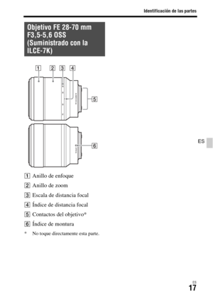 Page 215Identificación de las partes
ES17
ES
AAnillo de enfoque
BAnillo de zoom
CEscala de distancia focal
DÍndice de distancia focal
EContactos del objetivo*
FÍndice de montura
* No toque directamente esta parte.
Objetivo FE 28-70 mm 
F3,5-5,6 OSS 
(Suministrado con la 
ILCE-7K) 