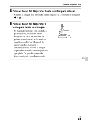 Page 239Toma de imágenes fijas
ES41
ES
5Pulse el botón del disparador hasta la mitad para enfocar.
 Cuando la imagen está enfocada, suena un pitido y se ilumina el indicador 
z o  .
6Pulse el botón del disparador a 
fondo para tomar una imagen.
 Si [Encuadre autom.] está ajustado a 
[Automático], cuando se toman 
imágenes de caras, de motivos en 
primer plano (macro), o de motivos 
seguidos con [AF de bloqueo], la 
cámara analiza la escena y 
automáticamente recorta la imagen 
capturada formando una composición...