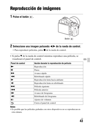 Page 241ES43
ES
Reproducción de imágenes
 Si pulsa V de la rueda de control mientras reproduce una película, se 
visualizará el panel de control.
Notas Es posible que las películas grabadas con otros dispositivos no se reproduzcan en 
esta cámara.
1Pulse el botón  .
2Seleccione una imagen pulsando b/B de la rueda de control.
 Para reproducir películas, pulse z de la rueda de control.
Panel de control Acción durante la reproducción de película
NReproducción
XPausa
MAvance rápido
mRebobinado rápido
TReproducción...