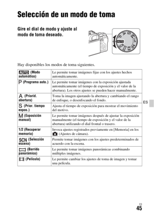Page 243ES45
ES
Selección de un modo de toma
Selección de un modo de toma
Hay disponibles los modos de toma siguientes.
Gire el dial de modo y ajuste al 
modo de toma deseado.
 (Modo 
automático)Le permite tomar imágenes fijas con los ajustes hechos 
automáticamente.
 (Programa auto.)Le permite tomar imágenes con la exposición ajustada 
automáticamente (el tiempo de exposición y el valor de la 
abertura). Los otros ajustes se pueden hacer manualmente.
 (Priorid. 
abertura)Toma la imagen ajustando la abertura y...
