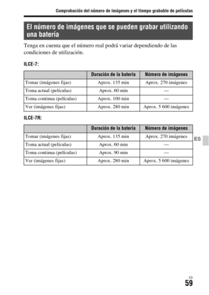 Page 257Comprobación del número de imágenes y el tiempo grabable de películas
ES59
ES
Tenga en cuenta que el número real podrá variar dependiendo de las 
condiciones de utilización.
ILCE-7:
ILCE-7R:
El número de imágenes que se pueden grabar utilizando 
una batería
Duración de la bateríaNúmero de imágenes
Tomar (imágenes fijas) Aprox. 135 min Aprox. 270 imágenes
Toma actual (películas) Aprox. 60 min —
Toma continua (películas) Aprox. 100 min —
Ver (imágenes fijas) Aprox. 280 min Aprox. 5 600 imágenes
Duración de...