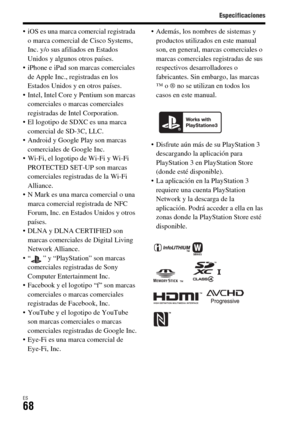 Page 266Especificaciones
ES68
 iOS es una marca comercial registrada 
o marca comercial de Cisco Systems, 
Inc. y/o sus afiliados en Estados 
Unidos y algunos otros países.
 iPhone e iPad son marcas comerciales 
de Apple Inc., registradas en los 
Estados Unidos y en otros países.
 Intel, Intel Core y Pentium son marcas 
comerciales o marcas comerciales 
registradas de Intel Corporation.
 El logotipo de SDXC es una marca 
comercial de SD-3C, LLC.
 Android y Google Play son marcas 
comerciales de Google Inc....