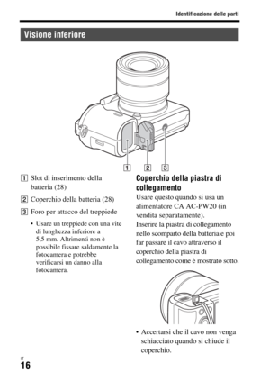 Page 282Identificazione delle parti
IT16
ASlot di inserimento della 
batteria (28)
BCoperchio della batteria (28)
CForo per attacco del treppiede
 Usare un treppiede con una vite 
di lunghezza inferiore a 
5,5 mm. Altrimenti non è 
possibile fissare saldamente la 
fotocamera e potrebbe 
verificarsi un danno alla 
fotocamera.
Coperchio della piastra di 
collegamento
Usare questo quando si usa un 
alimentatore CA AC-PW20 (in 
vendita separatamente).
Inserire la piastra di collegamento 
nello scomparto della...