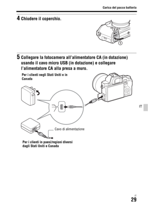 Page 295Carica del pacco batteria
IT29
IT
4Chiudere il coperchio.
5Collegare la fotocamera all’alimentatore CA (in dotazione) 
usando il cavo micro USB (in dotazione) e collegare 
l’alimentatore CA alla presa a muro.
Per i clienti negli Stati Uniti e in 
Canada
Per i clienti in paesi/regioni diversi 
dagli Stati Uniti e CanadaCavo di alimentazione 