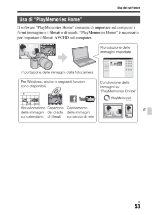 Page 319Uso del software
IT53
IT
Il software “PlayMemories Home” consente di importare sul computer i 
fermi immagine e i filmati e di usarli. “PlayMemories Home” è necessario 
per importare i filmati AVCHD sul computer.
Uso di “PlayMemories Home”
Importazione delle immagini dalla fotocamera
Condivisione delle 
immagini su 
“PlayMemories Online”
Caricamento 
delle immagini 
sui servizi di rete Creazione 
dei dischi 
di filmati Visualizzazione 
delle immagini 
sul calendario Per Windows, anche le seguenti...