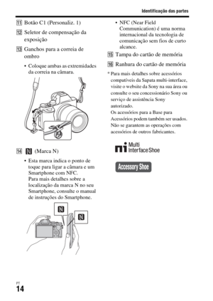 Page 348Identificação das partes
PT14
KBotão C1 (Personaliz. 1)
LSeletor de compensação da 
exposição
MGanchos para a correia de 
ombro
 Coloque ambas as extremidades 
da correia na câmara.
N (Marca N)
 Esta marca indica o ponto de 
toque para ligar a câmara e um 
Smartphone com NFC. 
Para mais detalhes sobre a 
localização da marca N no seu 
Smartphone, consulte o manual 
de instruções do Smartphone. NFC (Near Field 
Communication) é uma norma 
internacional da tecnologia de 
comunicação sem fios de curto...