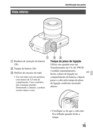 Page 349Identificação das partes
PT15
PT
ARanhura de inserção da bateria 
(26)
BTampa da bateria (26)
COrifício do encaixe do tripé
 Use um tripé com um parafuso 
com menos de 5,5 mm de 
comprimento. Caso contrário, 
não consegue prender 
firmemente a câmara, e podem 
ocorrer danos a esta.
Tampa da placa de ligaçãoUtilize isto quando usar um 
Transformador de CA AC-PW20 
(vendido separadamente).
Insira a placa de ligação no 
compartimento da bateria e depois 
passe o cabo pela tampa da placa 
de ligação conforme...
