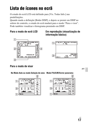 Page 351PT17
PT
Lista de ícones no ecrã
O estado do ecrã LCD está definido para [Vis. Todas Info.] nas 
predefinições.
Quando muda a definição [Botão DISP], e depois se premir em DISP no 
seletor de controlo, o estado do ecrã mudará para o modo “Para o visor”. 
Pode também visualizar o histograma premindo em DISP.
Para o modo de ecrã LCD Em reprodução (visualização de 
informação básica)
Para o modo de visor
No Modo Auto ou modo Seleção de cena Modo P/A/S/M/Varrer panorama 