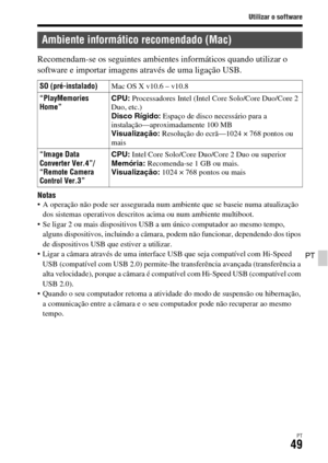 Page 383Utilizar o software
PT49
PT
Recomendam-se os seguintes ambientes informáticos quando utilizar o 
software e importar imagens através de uma ligação USB.
Notas A operação não pode ser assegurada num ambiente que se baseie numa atualização 
dos sistemas operativos descritos acima ou num ambiente multiboot.
 Se ligar 2 ou mais dispositivos USB a um único computador ao mesmo tempo, 
alguns dispositivos, incluindo a câmara, podem não funcionar, dependendo dos tipos 
de dispositivos USB que estiver a...
