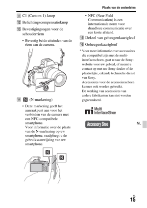 Page 413Plaats van de onderdelen
NL15
NL
KC1 (Custom 1)-knop
LBelichtingscompensatieknop
MBevestigingsogen voor de 
schouderriem
 Bevestig beide uiteinden van de 
riem aan de camera.
N (N-markering)
 Deze markering geeft het 
aanraakpunt aan voor het 
verbinden van de camera met 
een NFC-compatibele 
smartphone. 
Voor informatie over de plaats 
van de N-markering op uw 
smartphone, raadpleegt u de 
gebruiksaanwijzing van uw 
smartphone. NFC (Near Field 
Communication) is een 
internationale norm voor 
draadloze...